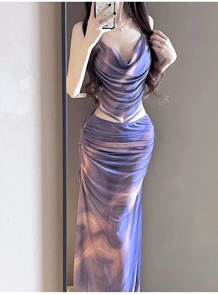 Women's Three-Piece Bikini Set with Long Skirt, Push-Up Underwire Top