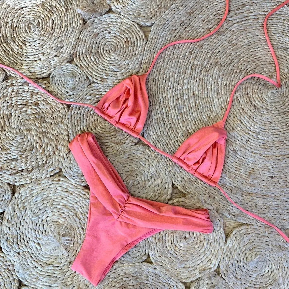 Women's Solid Color Triangle Bikini Set, Push-Up Two-Piece Swimsuit with Frill Detail