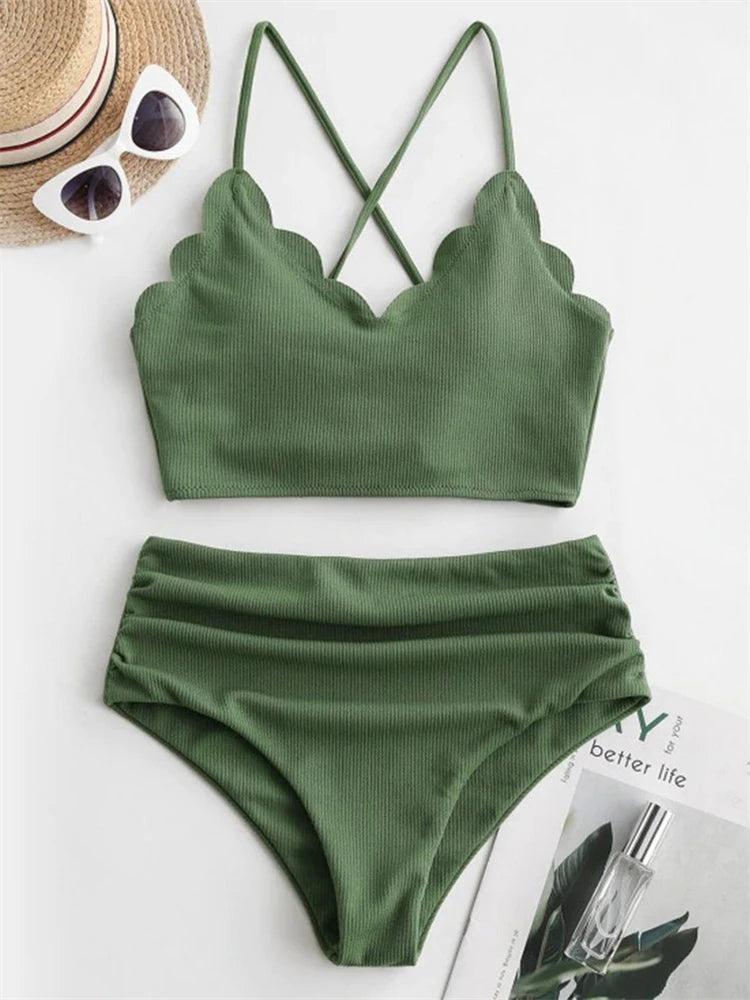 Women's Solid Ribbed High-Waist Two-Piece Bikini Set with Sling Top