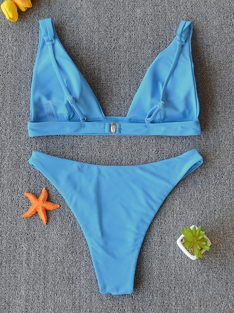 Solid Push-Up High-Leg Bikini Set — 14 Colors