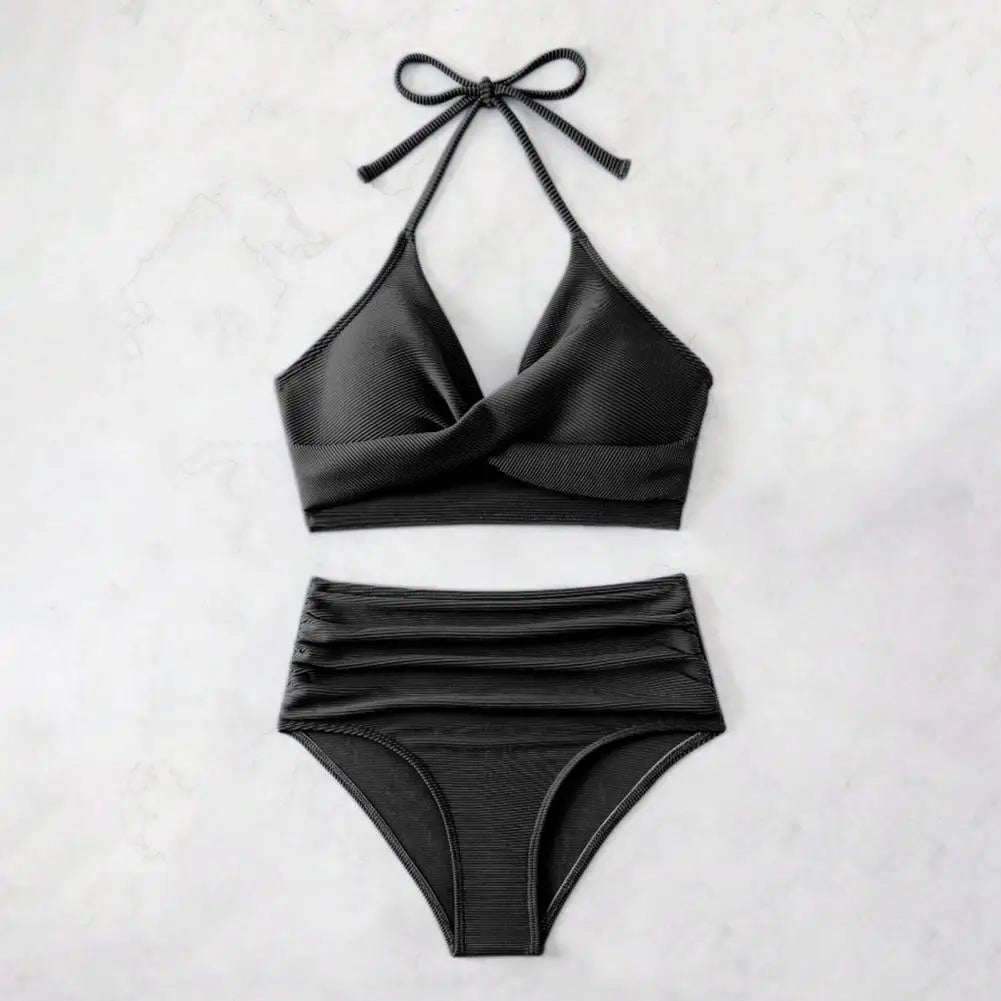 Women's Two-Piece Pleated Bikini Set with Padded Halter Top and High-Waist Bottoms