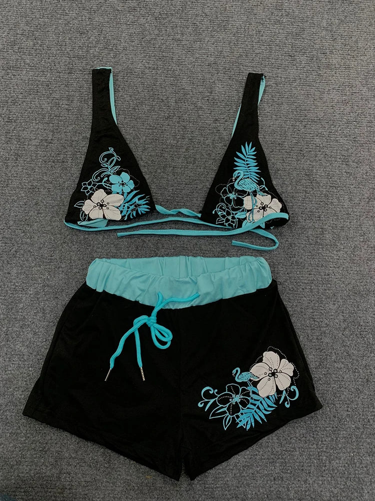 Vintage Floral Two-Piece Bikini Set with Shorts