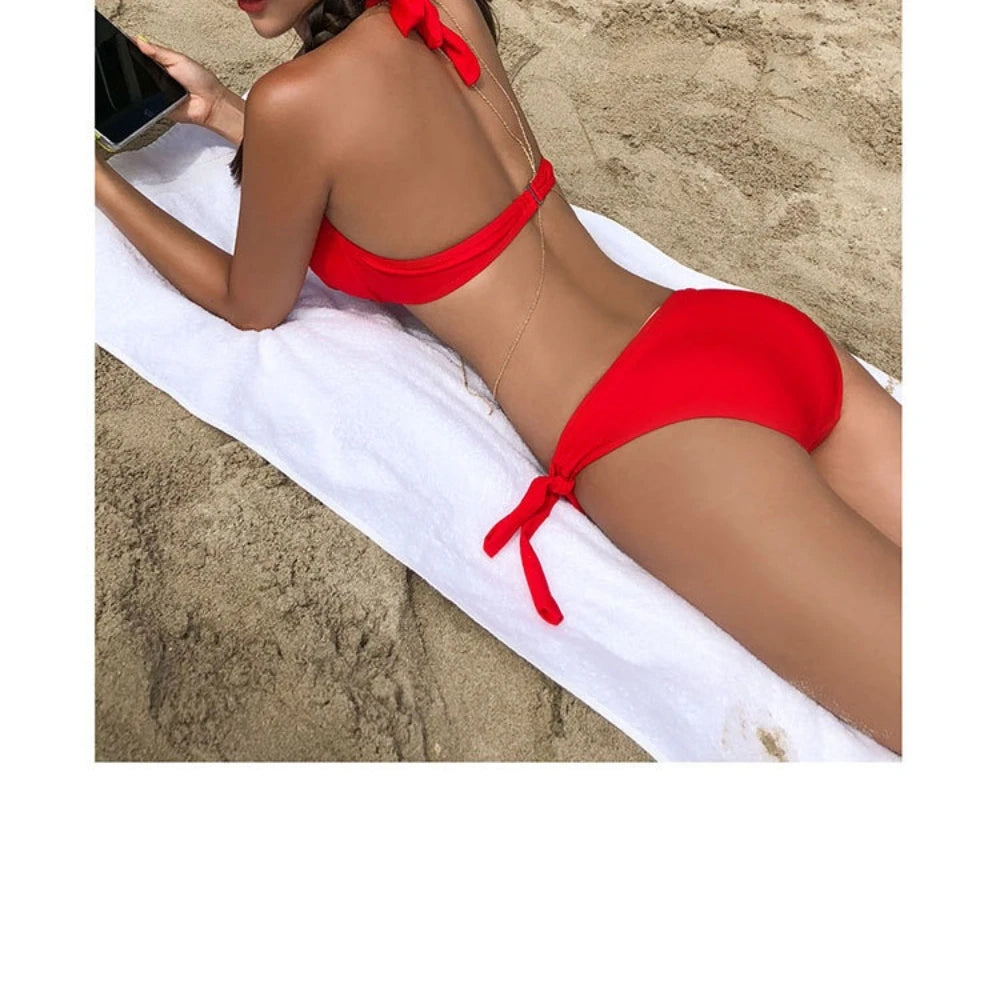 Triangle Strap Bikini Set — Solid Color Push-Up