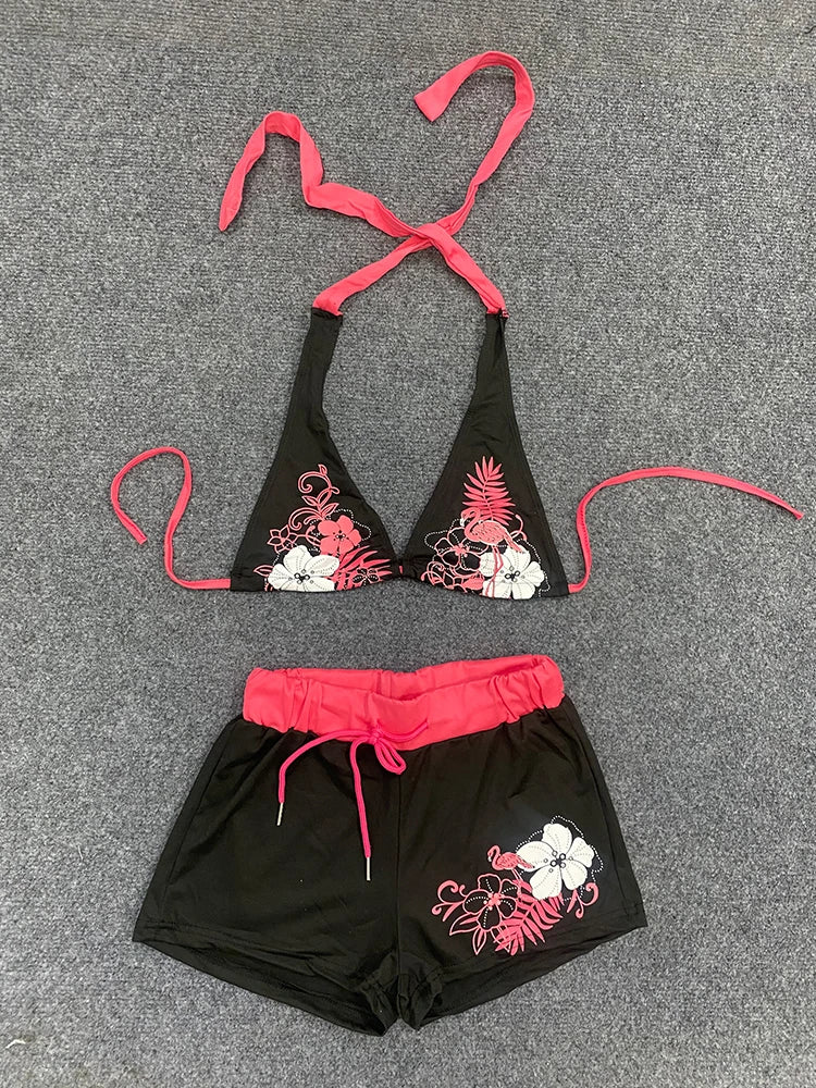 Vintage Floral Two-Piece Bikini Set with Shorts