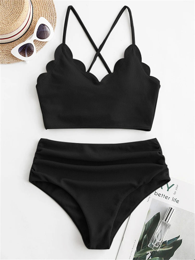 Women's Solid Ribbed High-Waist Two-Piece Bikini Set with Sling Top
