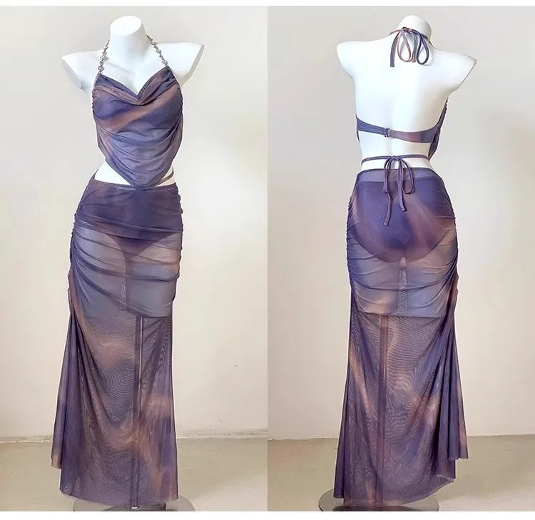 Women's Three-Piece Bikini Set with Long Skirt, Push-Up Underwire Top