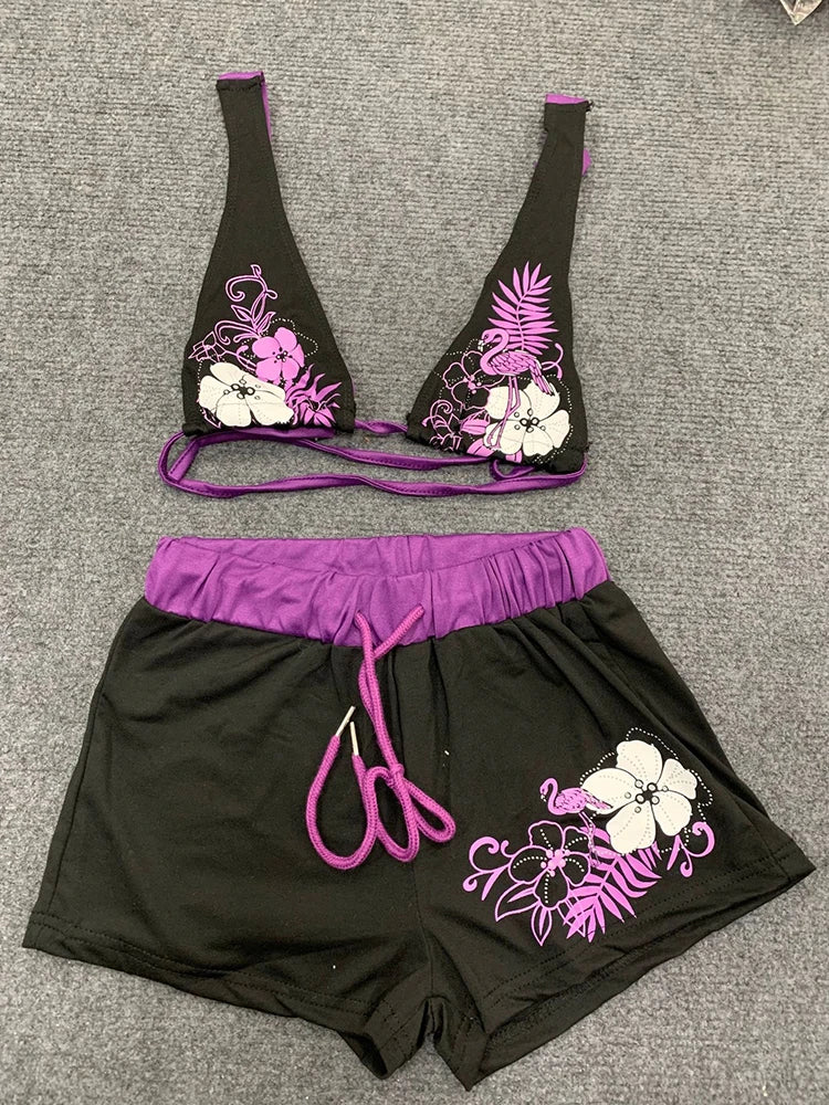 Vintage Floral Two-Piece Bikini Set with Shorts
