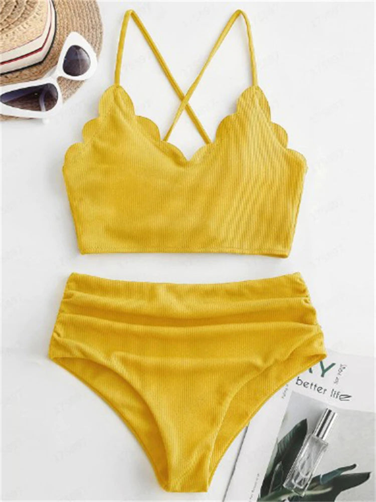 Women's Solid Ribbed High-Waist Two-Piece Bikini Set with Sling Top