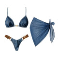 Denim Print Push-Up Bandeau Bikini with Deep-V Top