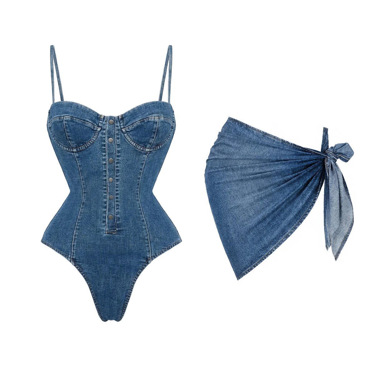 Denim Print Push-Up Bandeau Bikini with Deep-V Top