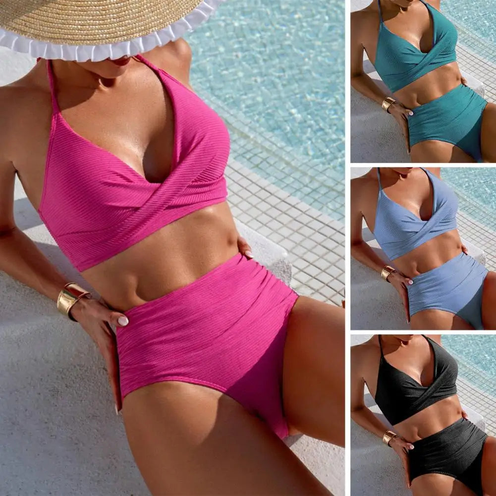 Women's Two-Piece Pleated Bikini Set with Padded Halter Top and High-Waist Bottoms