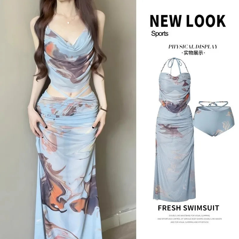 Women's Three-Piece Bikini Set with Long Skirt, Push-Up Underwire Top
