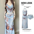 Women's Three-Piece Bikini Set with Long Skirt, Push-Up Underwire Top