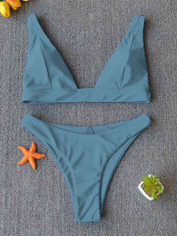 Solid Push-Up High-Leg Bikini Set — 14 Colors