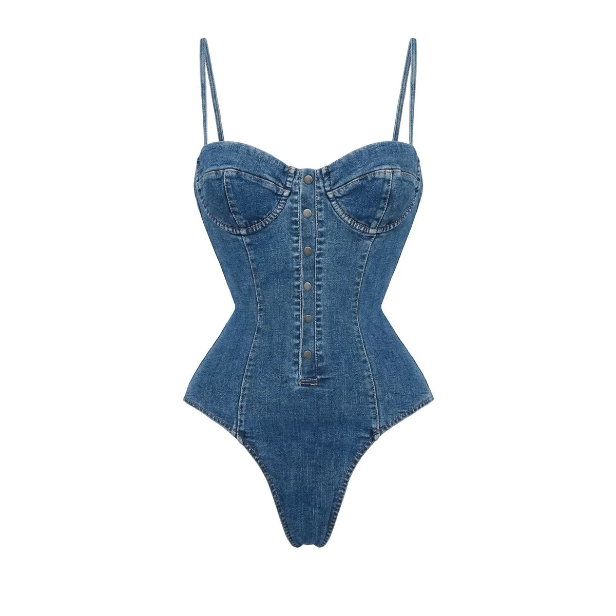 Denim Print Push-Up Bandeau Bikini with Deep-V Top