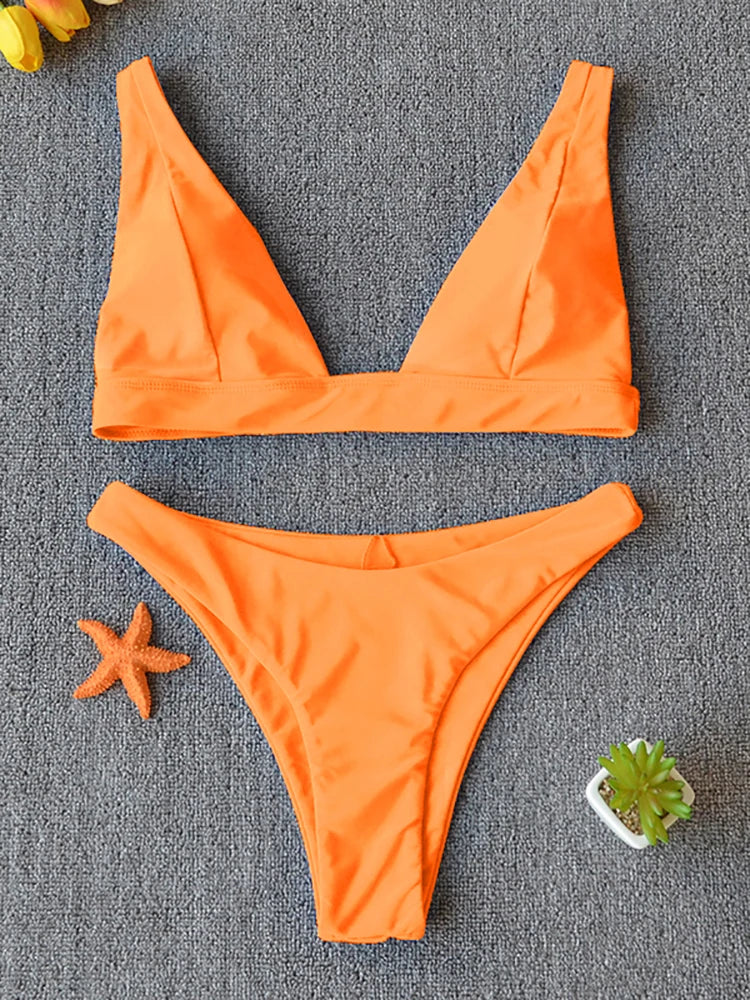 Solid Push-Up High-Leg Bikini Set — 14 Colors