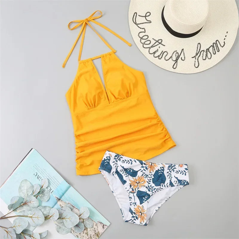 V-Neck Lace-Up Tankini Swimsuit — Brazilian Style