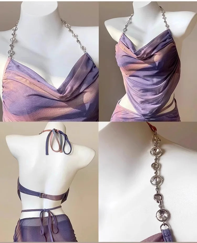 Women's Three-Piece Bikini Set with Long Skirt, Push-Up Underwire Top