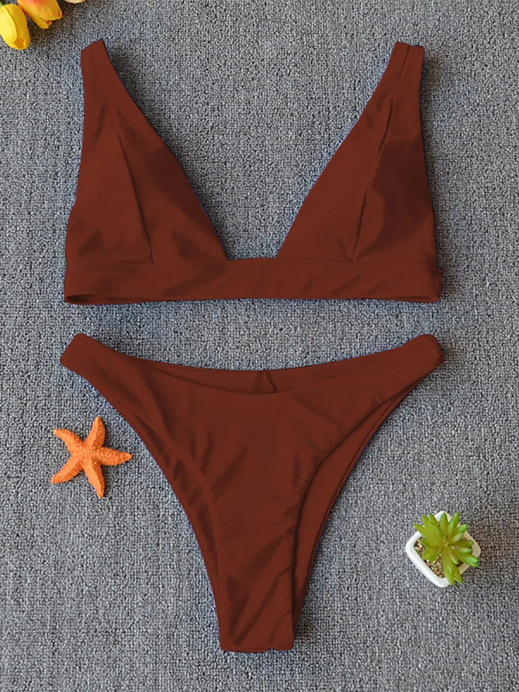 Solid Push-Up High-Leg Bikini Set — 14 Colors