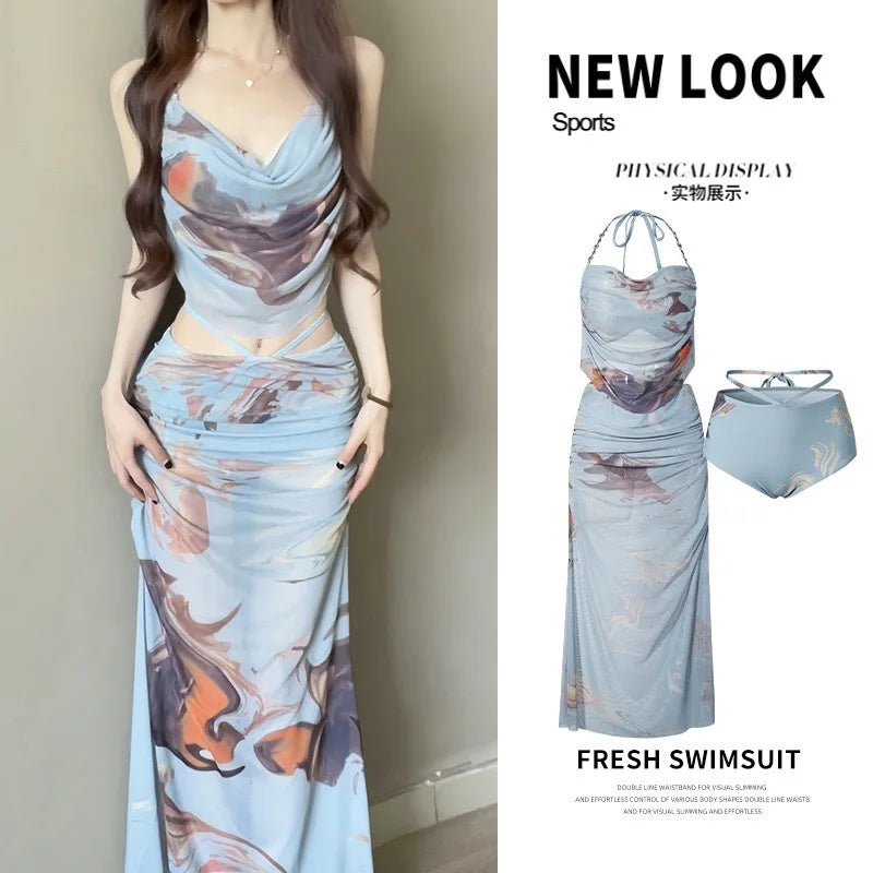 Women's Three-Piece Bikini Set with Long Skirt, Push-Up Underwire Top