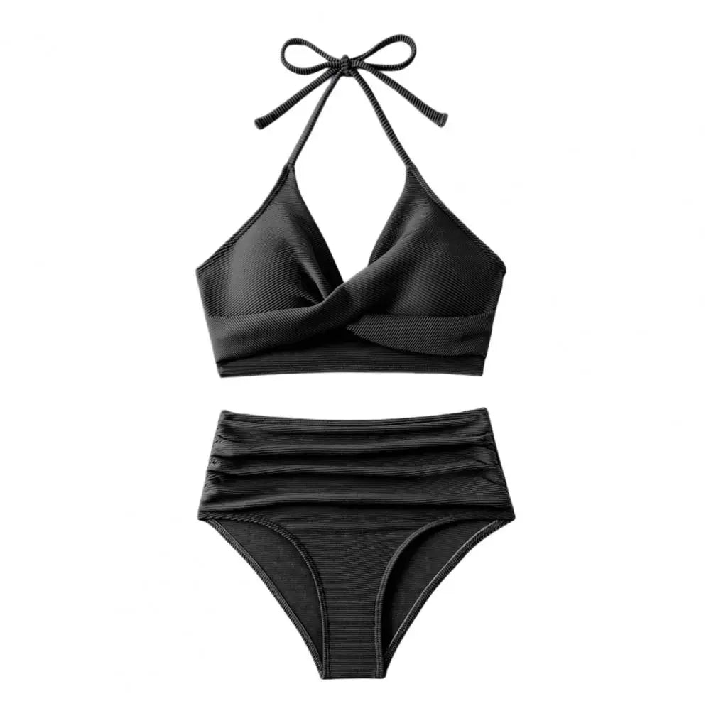 Women's Two-Piece Pleated Bikini Set with Padded Halter Top and High-Waist Bottoms