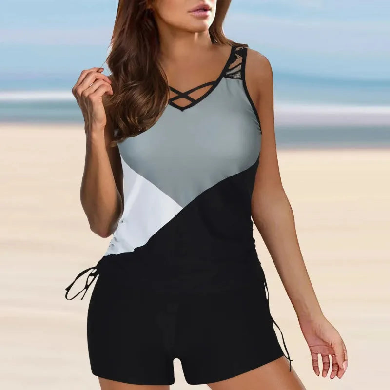 Vintage Print Tankini Set with Shorts — Two-Piece Swimwear