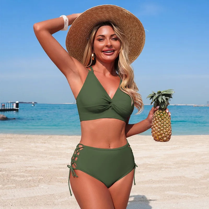Women's Two-Piece Backless Camisole Bikini Set with High-Waisted Bottoms