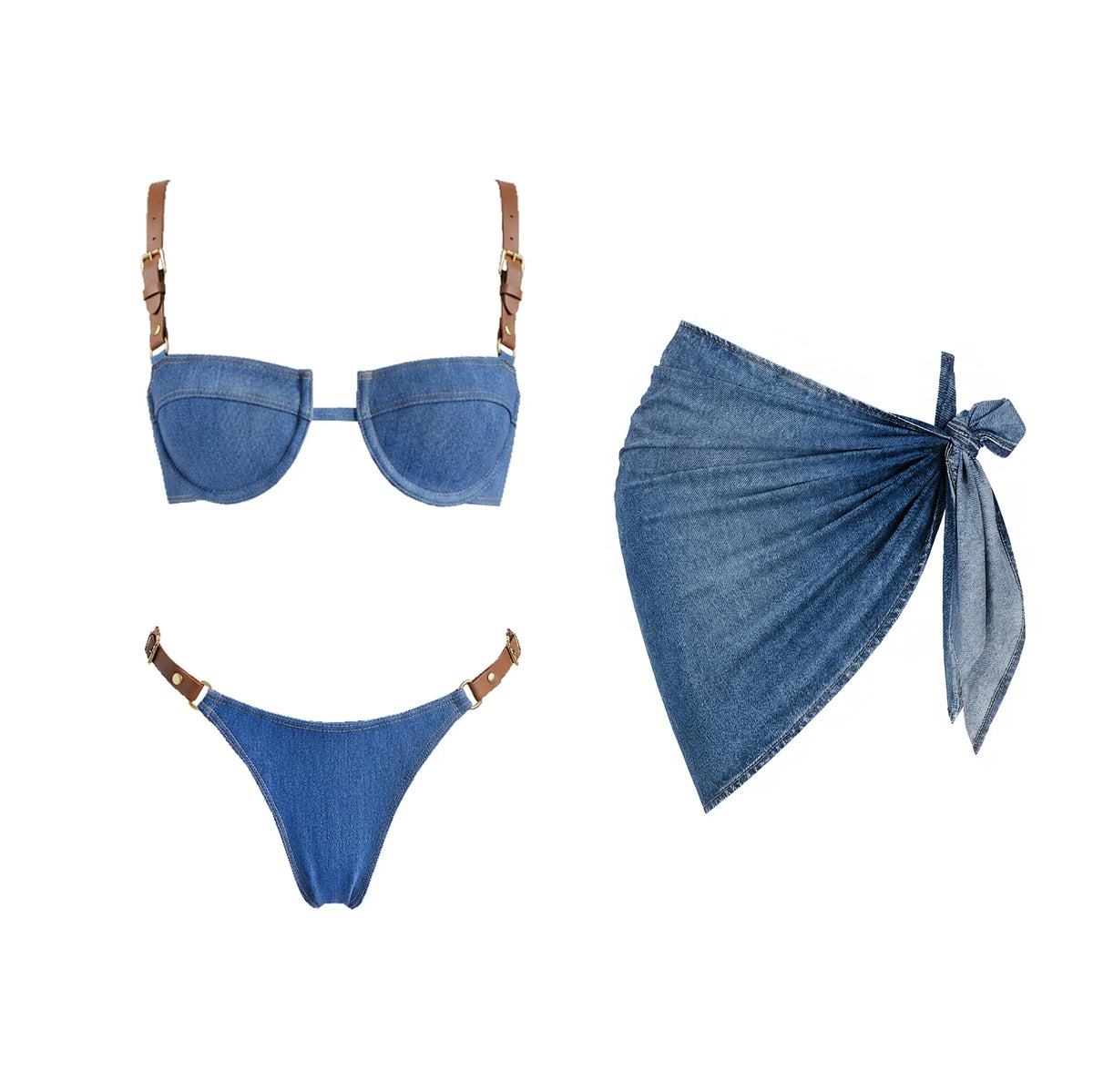 Denim Print Push-Up Bandeau Bikini with Deep-V Top