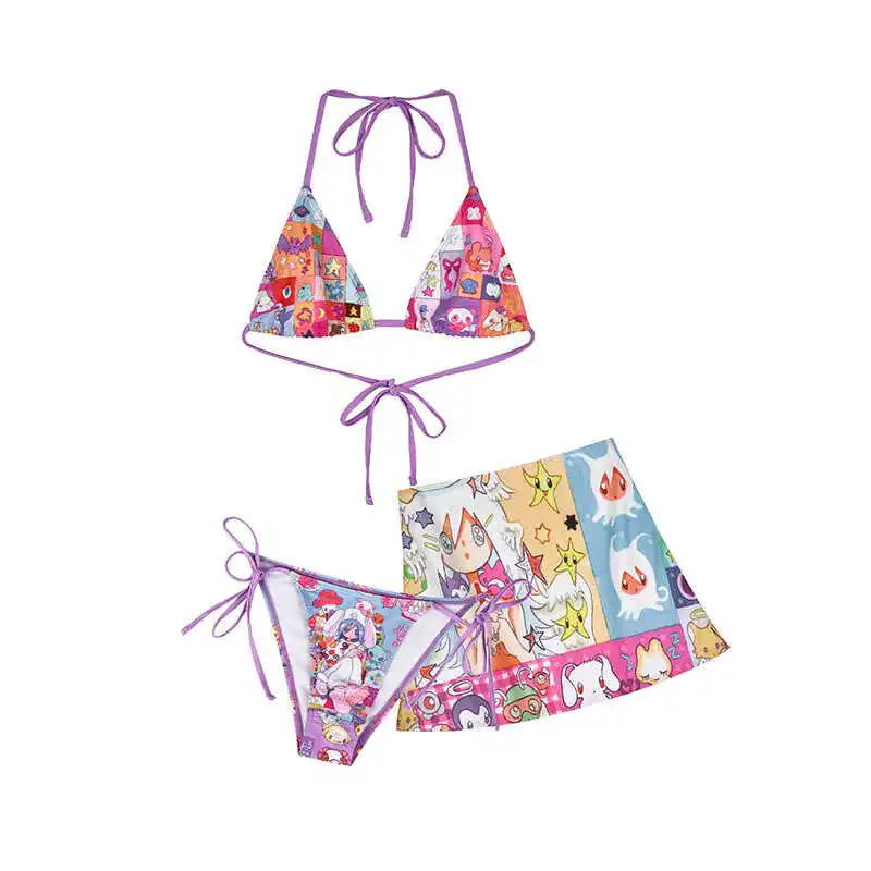 Women's Cartoon Print Wire-Free Bikini Set, Two-Piece or Three-Piece with Skirt