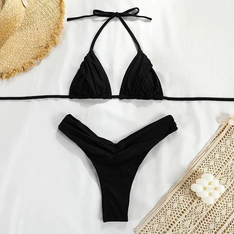 Women's Solid Color Triangle Bikini Set, Push-Up Two-Piece Swimsuit with Frill Detail