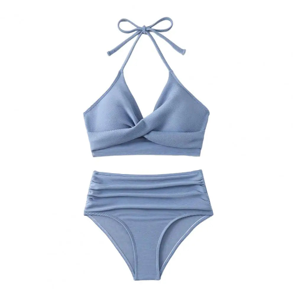 Women's Two-Piece Pleated Bikini Set with Padded Halter Top and High-Waist Bottoms