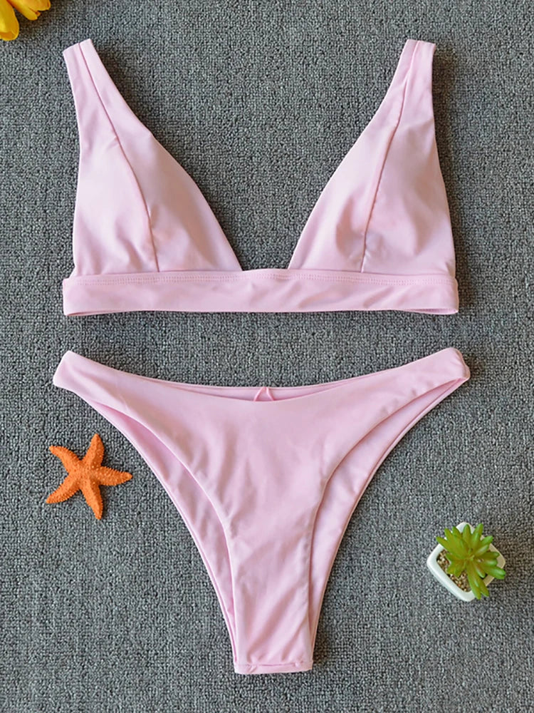 Solid Push-Up High-Leg Bikini Set — 14 Colors