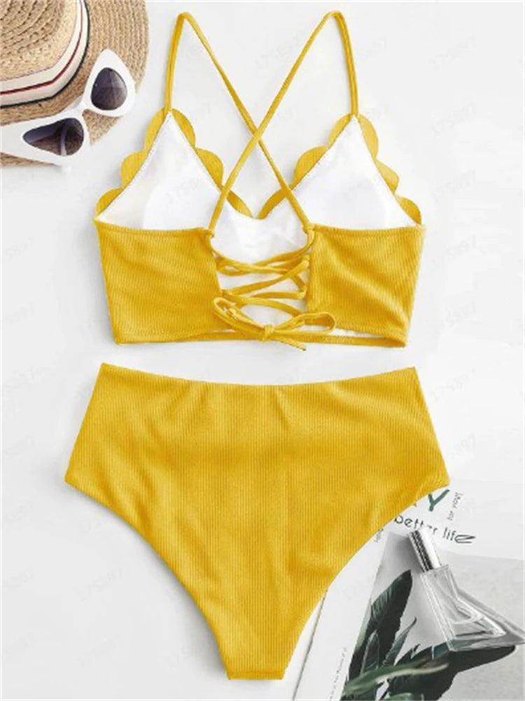 Women's Solid Ribbed High-Waist Two-Piece Bikini Set with Sling Top