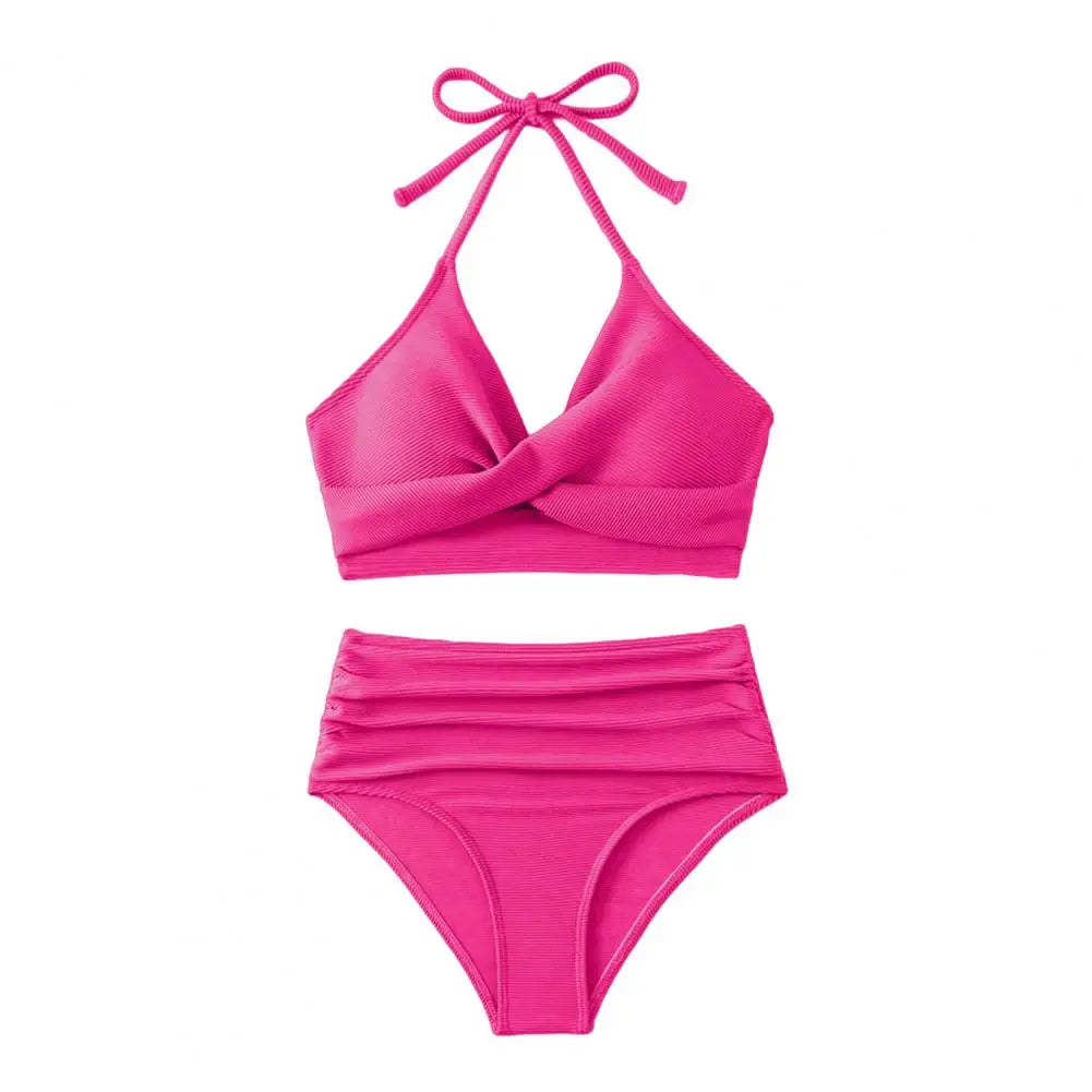 Women's Two-Piece Pleated Bikini Set with Padded Halter Top and High-Waist Bottoms