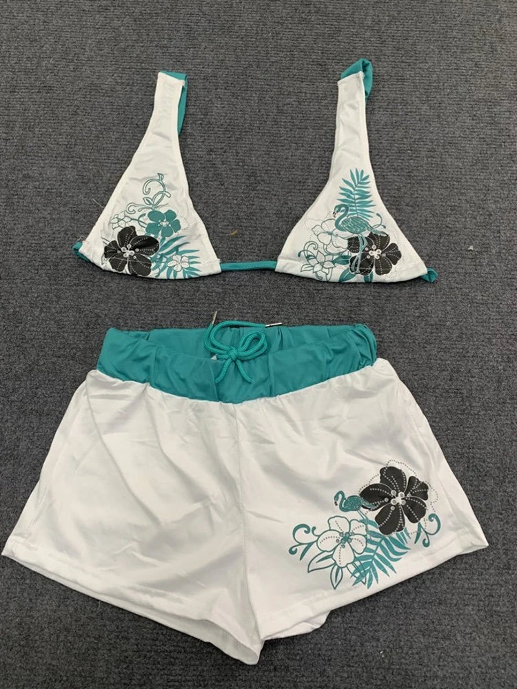 Vintage Floral Two-Piece Bikini Set with Shorts