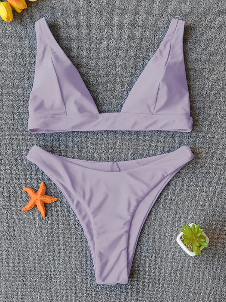 Solid Push-Up High-Leg Bikini Set — 14 Colors