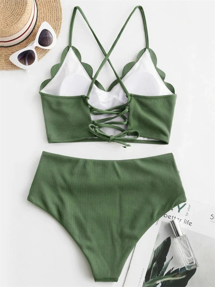 Women's Solid Ribbed High-Waist Two-Piece Bikini Set with Sling Top