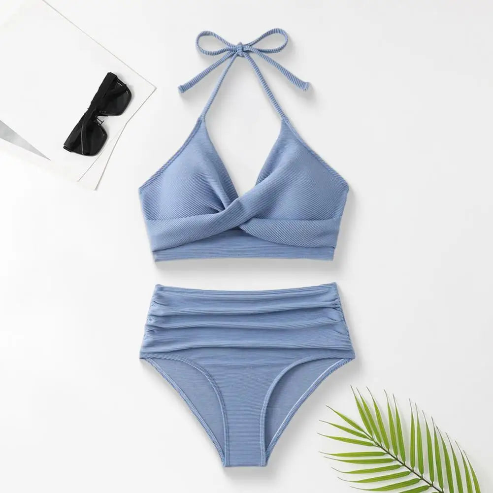 Women's Two-Piece Pleated Bikini Set with Padded Halter Top and High-Waist Bottoms