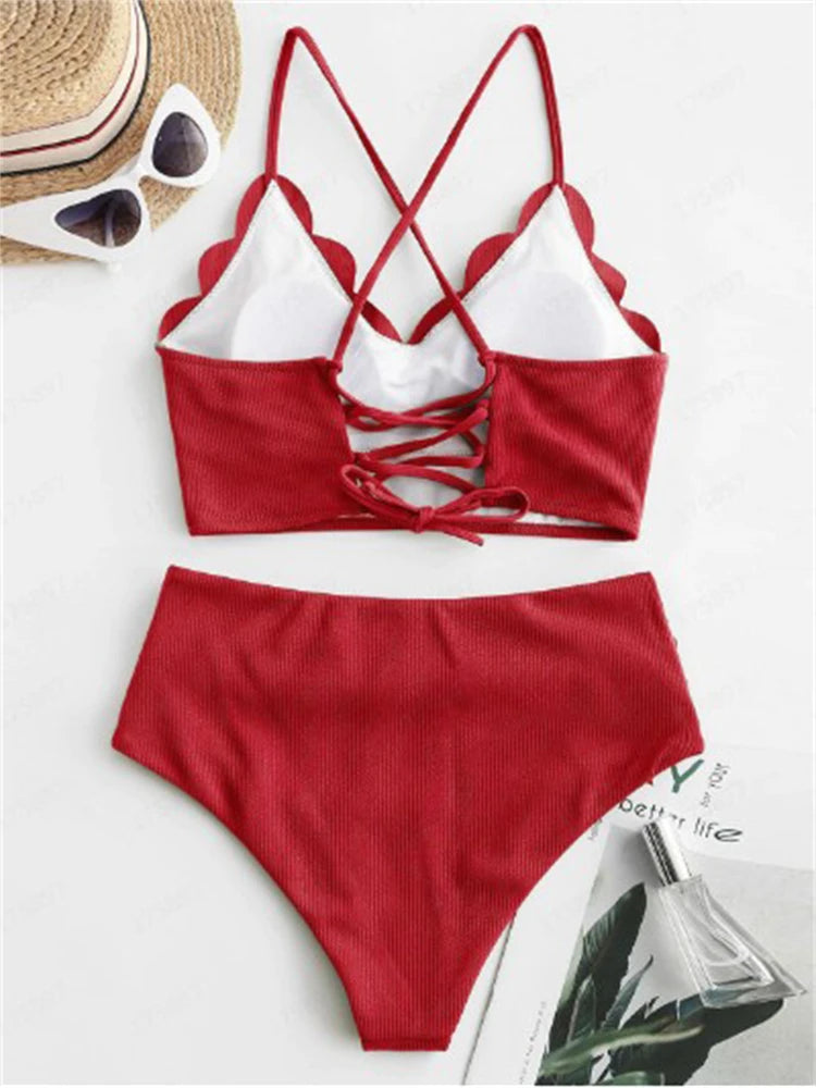 Women's Solid Ribbed High-Waist Two-Piece Bikini Set with Sling Top