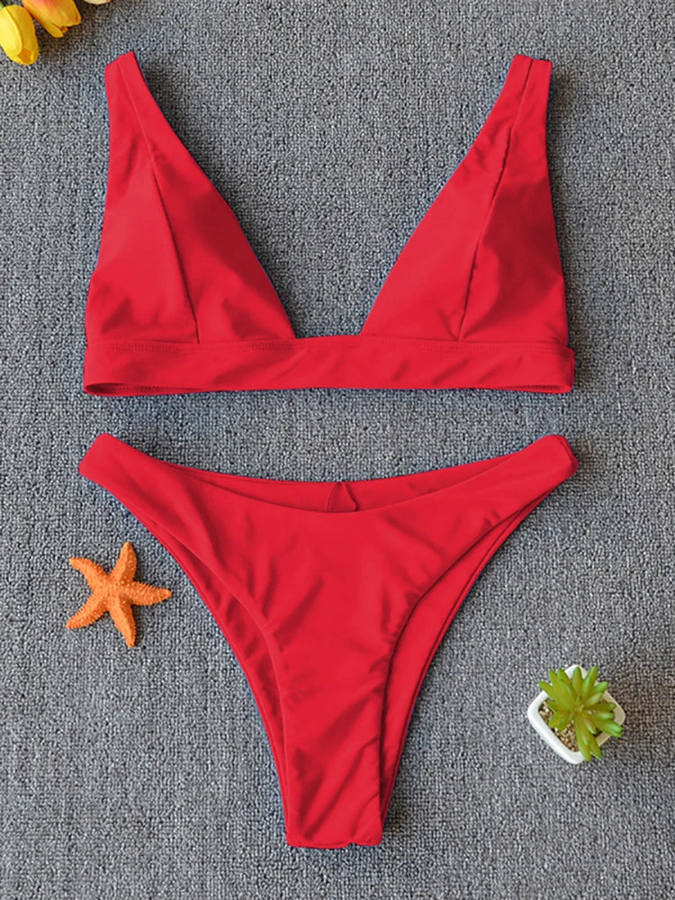 Solid Push-Up High-Leg Bikini Set — 14 Colors