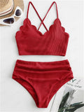 Women's Solid Ribbed High-Waist Two-Piece Bikini Set with Sling Top