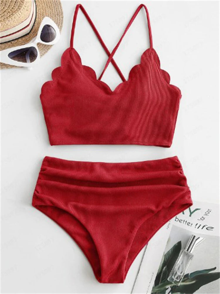 Women's Solid Ribbed High-Waist Two-Piece Bikini Set with Sling Top