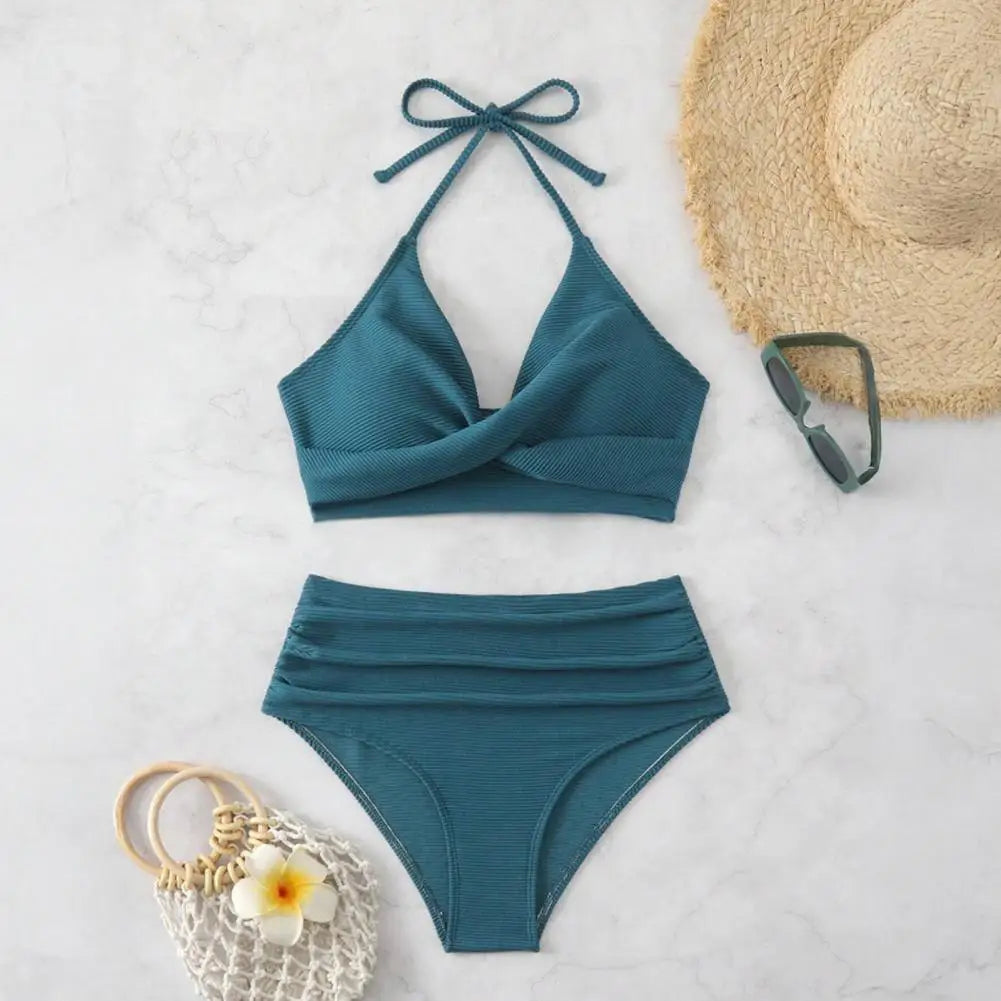 Women's Two-Piece Pleated Bikini Set with Padded Halter Top and High-Waist Bottoms