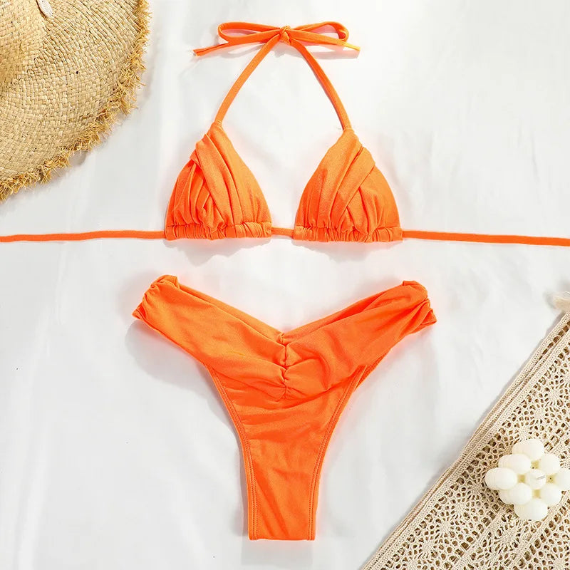 Women's Solid Color Triangle Bikini Set, Push-Up Two-Piece Swimsuit with Frill Detail