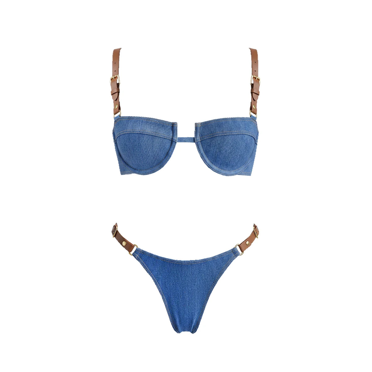 Denim Print Push-Up Bandeau Bikini with Deep-V Top