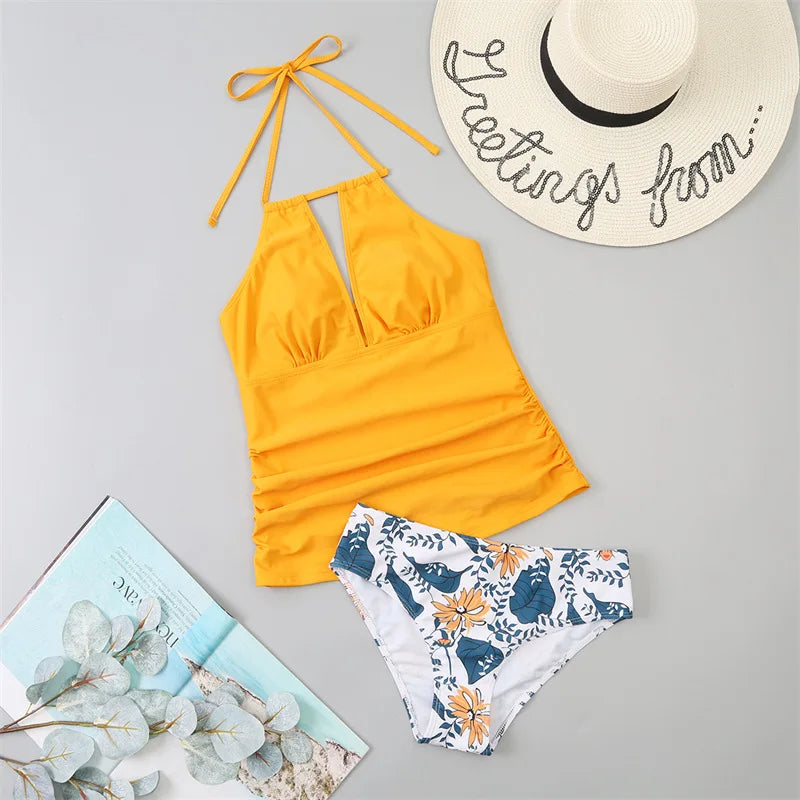 V-Neck Lace-Up Tankini Swimsuit — Brazilian Style