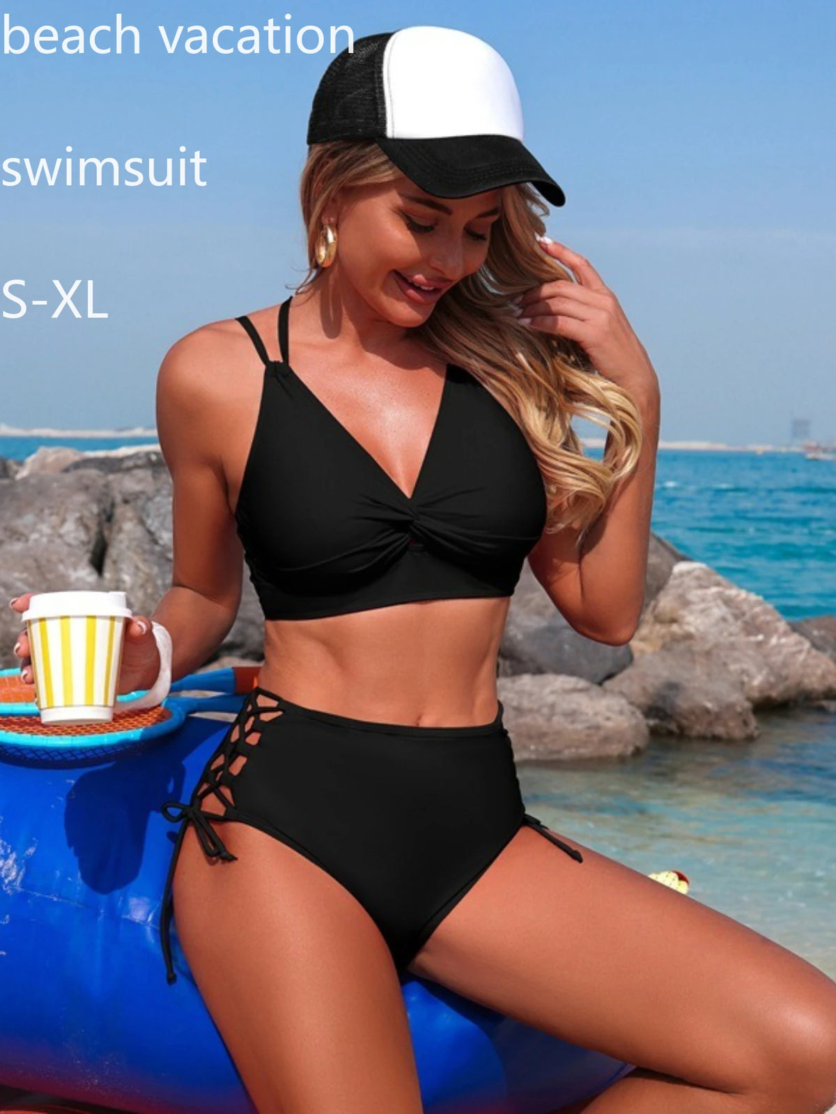 Women's Two-Piece Backless Camisole Bikini Set with High-Waisted Bottoms