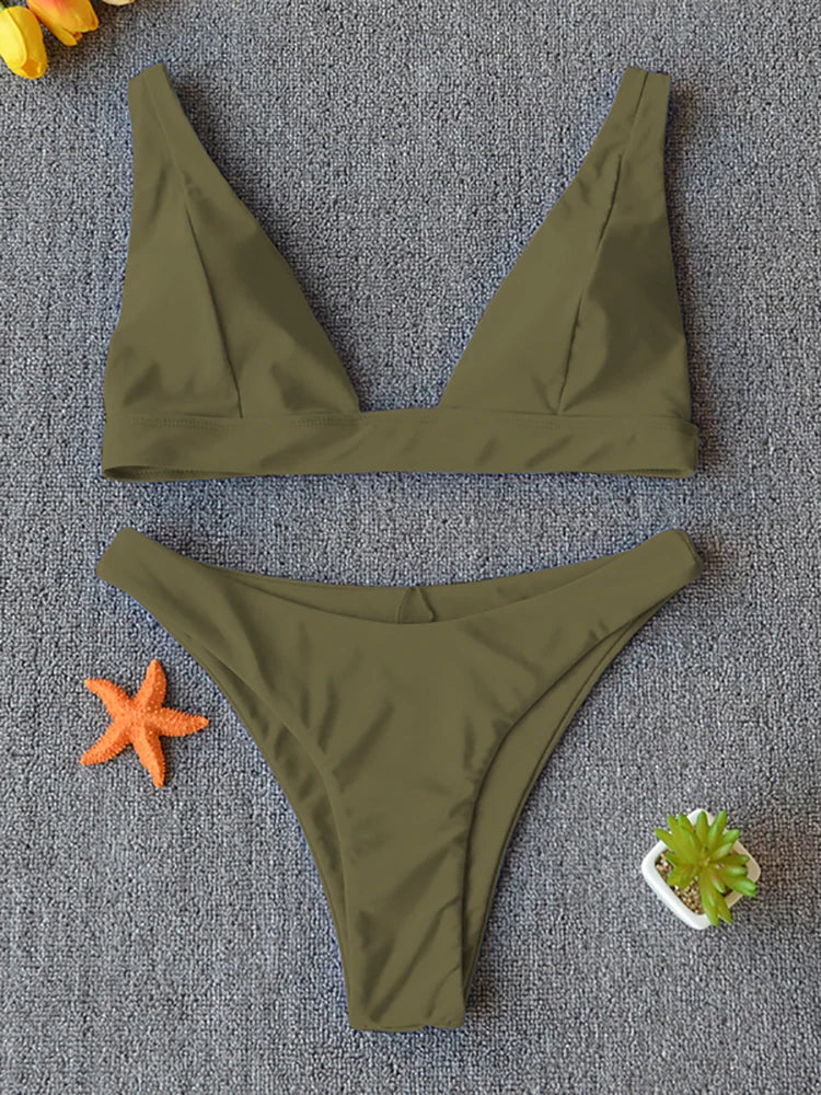 Solid Push-Up High-Leg Bikini Set — 14 Colors