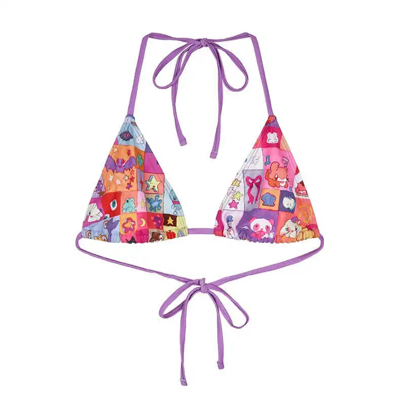 Women's Cartoon Print Wire-Free Bikini Set, Two-Piece or Three-Piece with Skirt