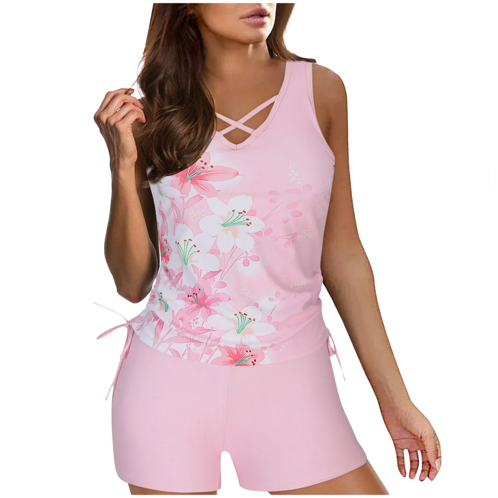 Vintage Print Tankini Set with Shorts — Two-Piece Swimwear